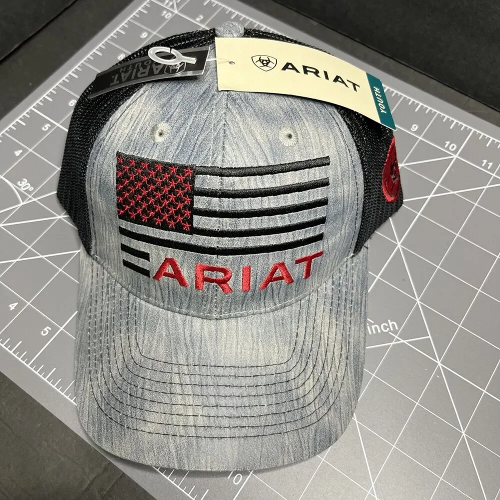 Ariat Hat Cap Snap Back Trucker Mesh American Flag NEW with tags One Size YOUTH